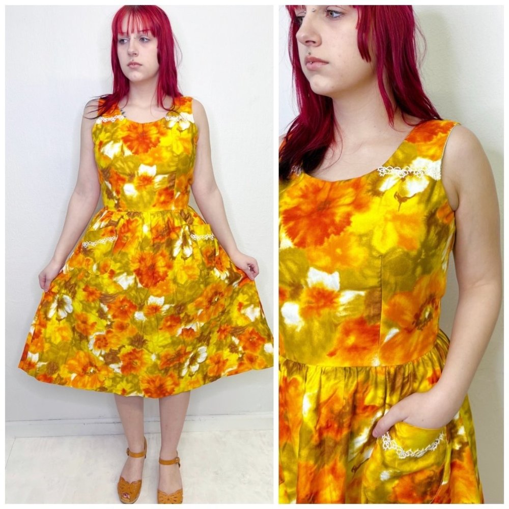 Vintage 60s 70s Floral Sundress M Medium CottageCore Feminine Romantic